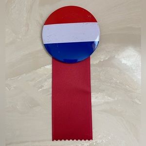 10 Red, white and blue custom made campaign or award buttons with 33 ribbons